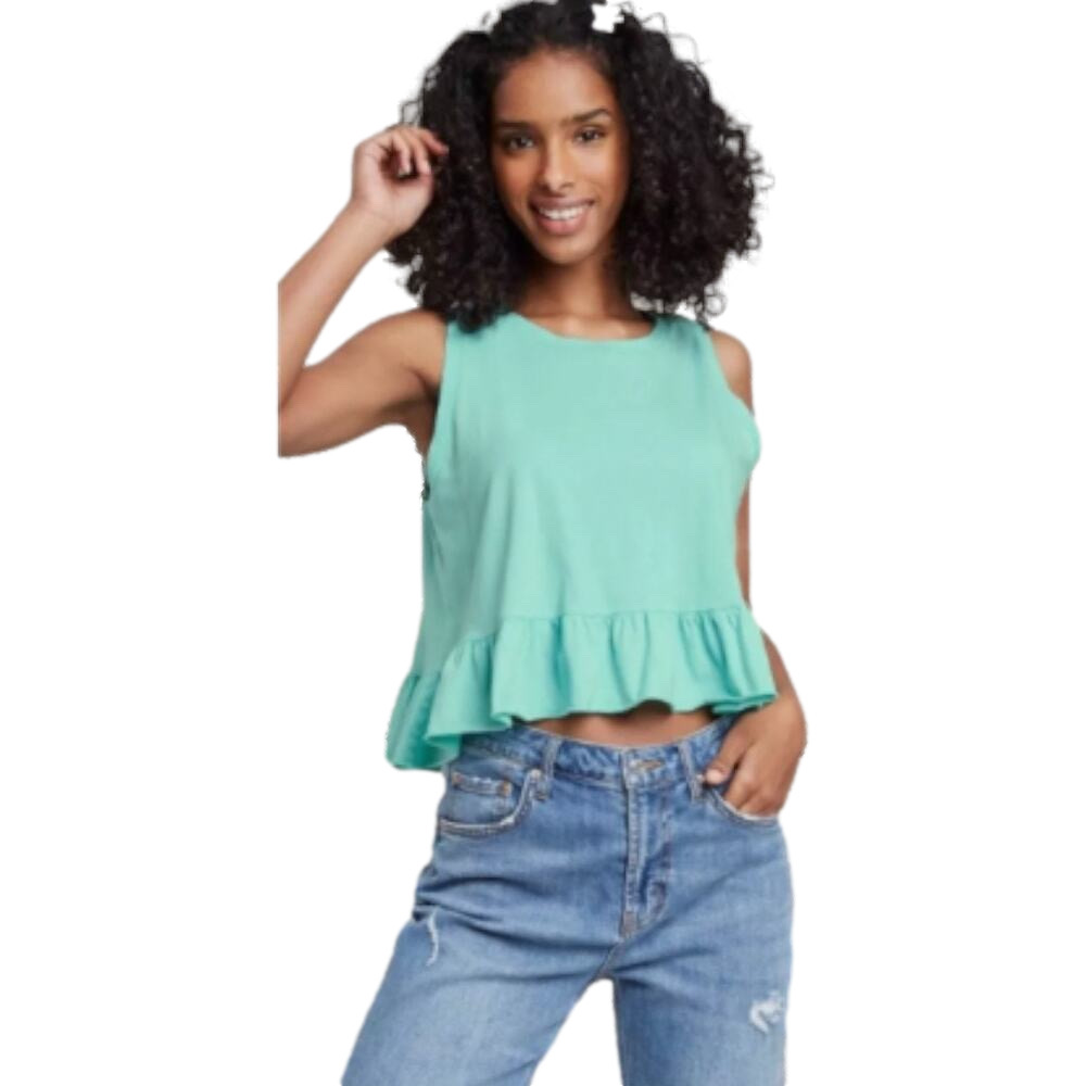Wild Fable Women's Peplum Ruffle Tank Top Green-Size Large